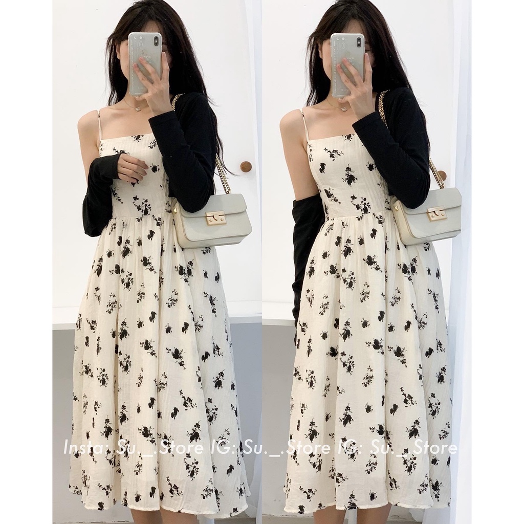 Set váy hai dây họa tiết hoa lưng chun kèm áo cardigan S405 SUSTORE