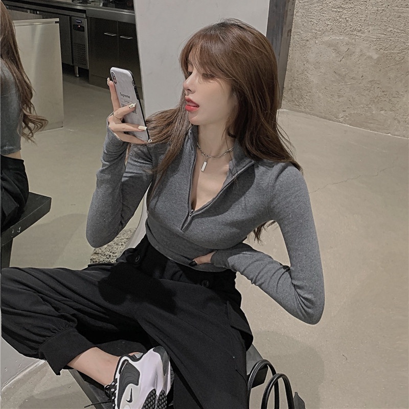 Áo Thun Tay Dài Dáng Ôm Phối Khóa Kéo Thời Trang Mùa Thu Cho Nữ