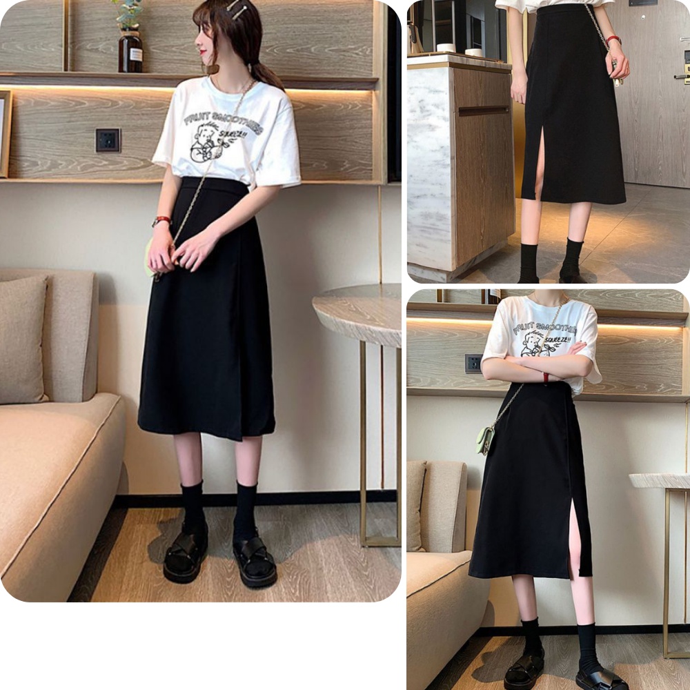 Chân váy nữ, chân váy xẻ tà nữ màu đen kéo khoá sau SKUCV-01