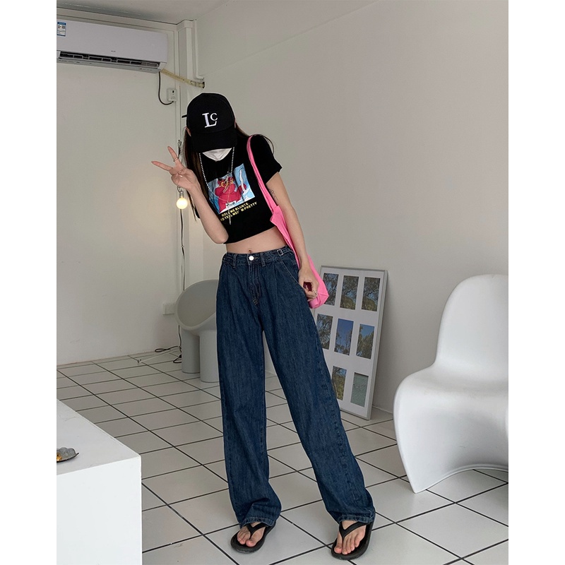 SUXI Quần jean ống rộng lưng cao phong cách Hàn Quốc thời trang mùa hè dành cho nữ