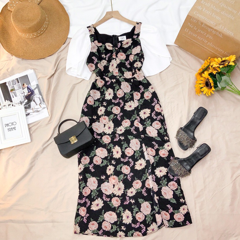 Đầm hoa hồng vintage MIMIX váy cổ u xẻ chân phối tay trắng đắp chéo dịu dàng AO3185 | BigBuy360 - bigbuy360.vn
