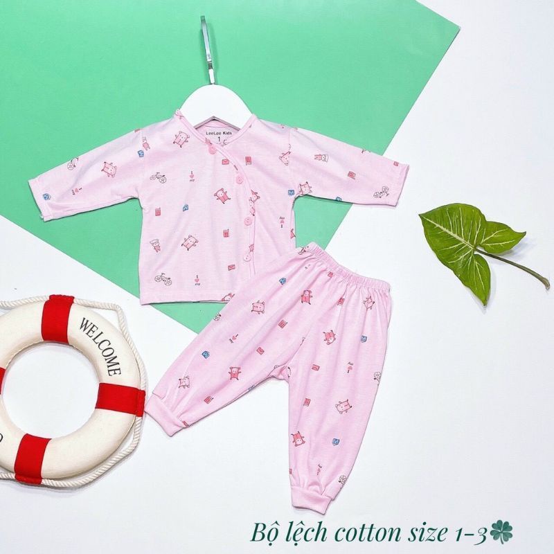 Bộ Quần Áo Dài Sơ Sinh Leelee Kid Cúc Lệch, Vải Cotton Màu Họa Tiết