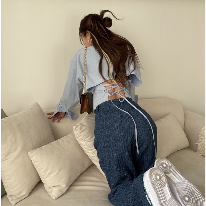 Áo sơ mi sexy cài cúc hở lưng thắt dây lưng dây chéo phong cách Hàn Quốc