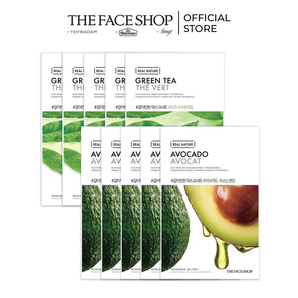 Combo Mix 10 Mặt Nạ Sáng Da TheFaceShop 20gx10 (trà xanh,bơ)