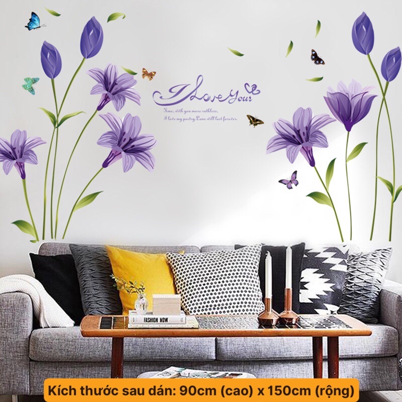 Decal dán tường hoa tulip tím,sẵn keo dán không thấm nước.