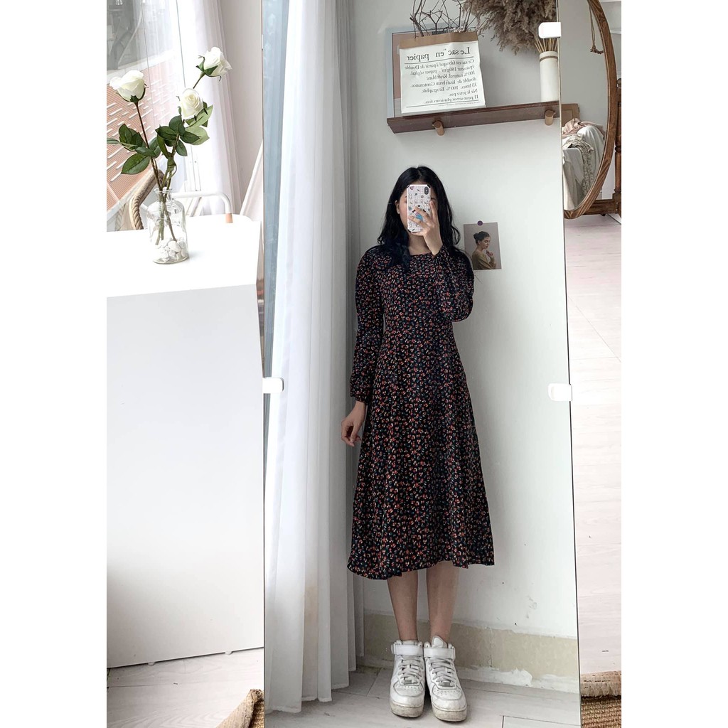 [VIDEO ẢNH THẬT] Váy dài, Đầm hoa nhí vintage 2 lớp chất lụa hàn thắt nơ eo thướt tha - 063