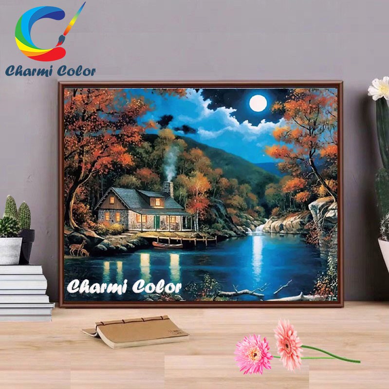 Tranh sơn dầu số hoá có khung 40x50 cm KZE430 Nhà khói đêm trăng