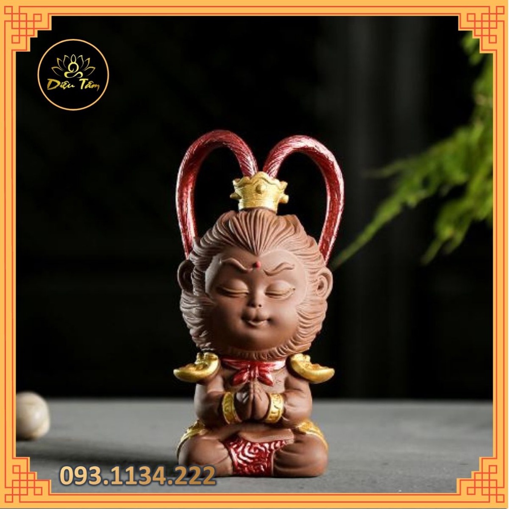 Tượng tôn ngộ không gốm sứ tề thiên đại thánh bày trang trí bàn trà, bàn làm việc phụ kiện trang trí bể cá tép cảnh