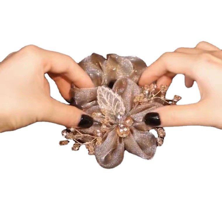 Dây Cột Tóc Đính Hoa Vải Màu Champagne Phong Cách Hàn Quốc Thời Trang Mùa Hè Cho Nữ