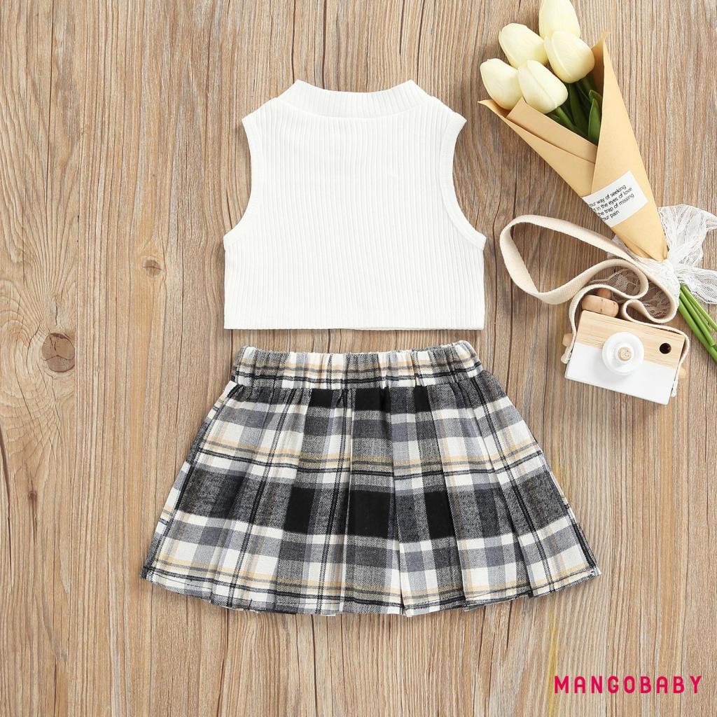 Bộ áo sát nách sọc gân màu trơn và chân váy xếp ly lưng thun sọc caro màu sắc tương phản thời trang cho bé gái