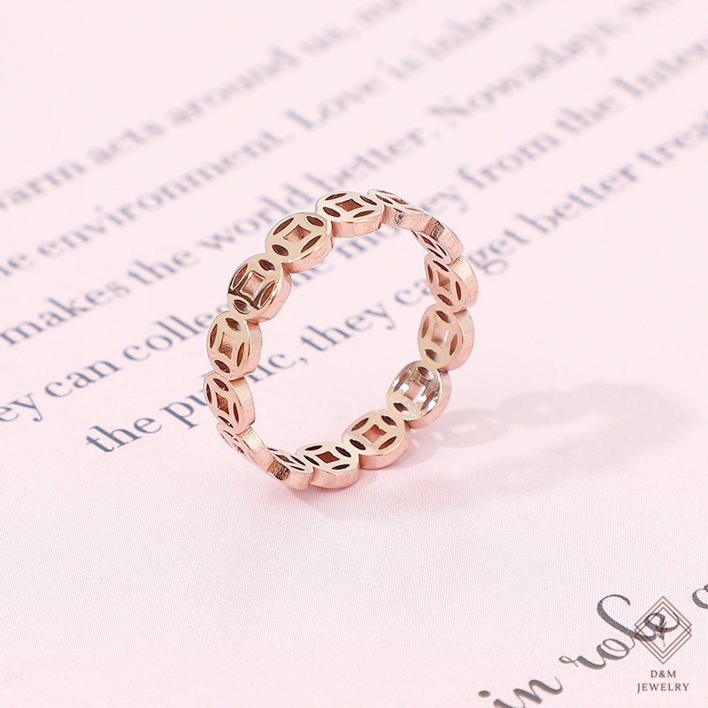 Nhẫn Thép Không Gỉ Mạ Vàng 18K Hình Đồng Xu May Mắn Phong Cách Retro
