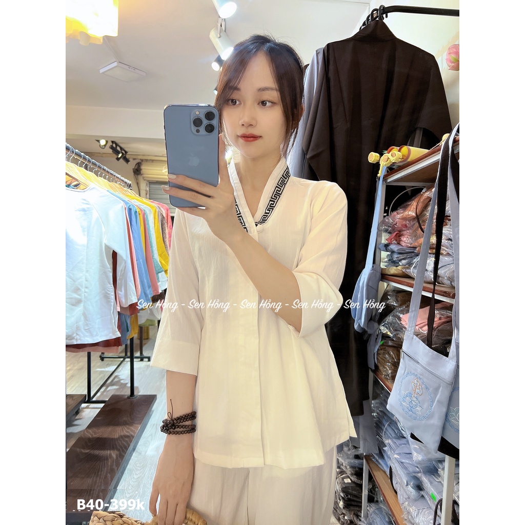 Pháp phục nữ cao cấp - đồ lam đi chùa vải đũi Nhật - áo lam phật tử nữ thiết kế B40