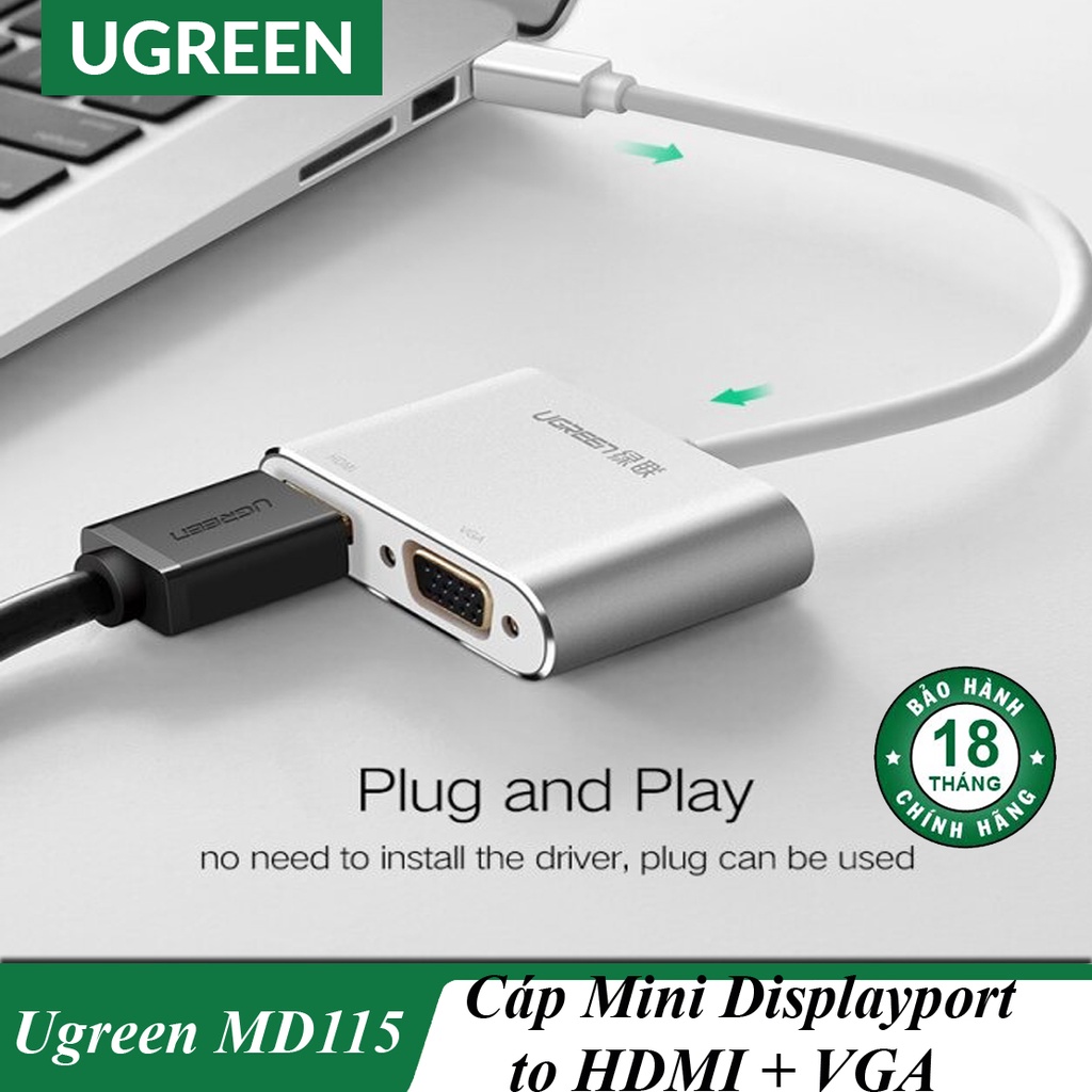 Bộ Chuyển Mini DisplayPort to HDMI + VGA Cao Cấp UGREEN MD115 Chính Hãng