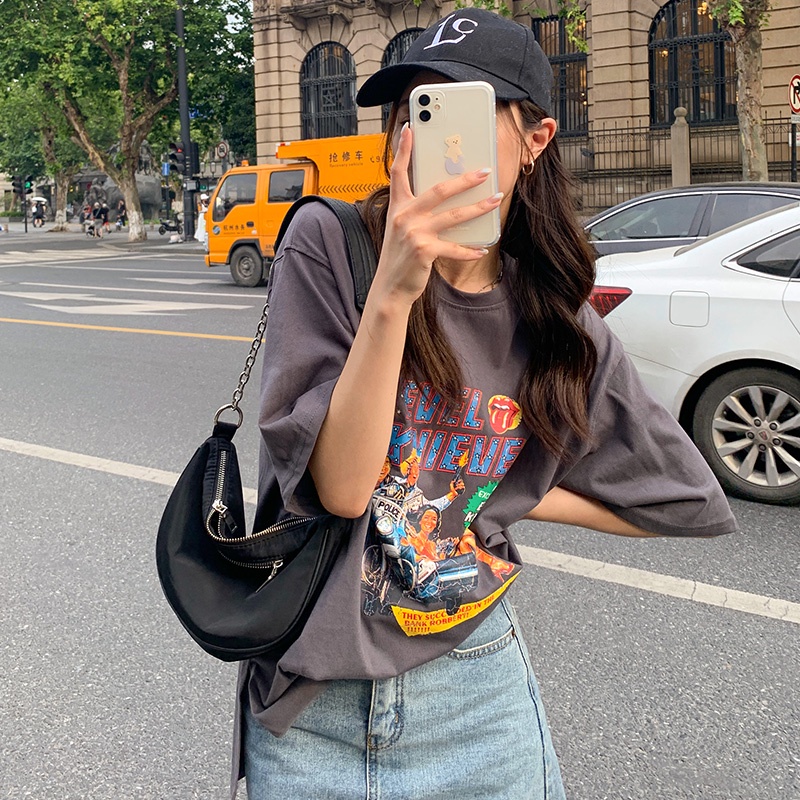 SUXI Áo Thun Tay Ngắn Cổ Tròn Form Rộng In Họa Tiết Hoạt Hình Thời Trang Mùa Hè Cho Nữ