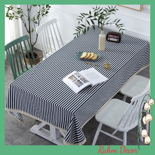 Khăn trải bàn vintage trang trí vải bố linen đẹp - họa tiết Sọc xanh trắng - KB-I07