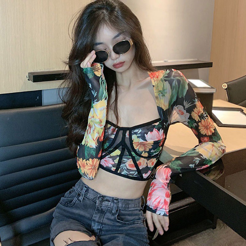 Áo lưới lửng tay dài in hoa thời trang cổ điển quyến rũ cho nữ