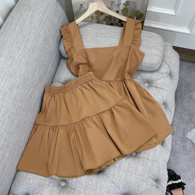 Bộ đũi mặc nhà nữ mùa hè áo dây cộc tay Cánh Tiên quần giả váy sang chảnh xinh đẹp thời trang - B387 nội y xanh chất đẹp