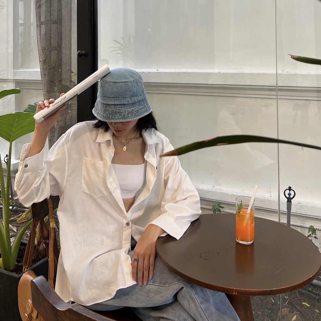 HASMILED - Áo sơmi bạn trai, chất linen màu TRẮNG