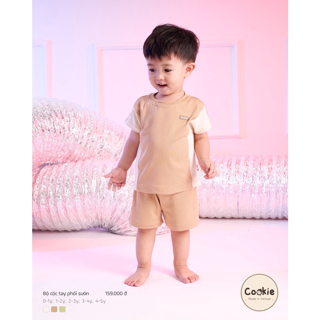 Bộ cộc tay phối sườn Cookie dành cho bé trai bé gái chính hãng