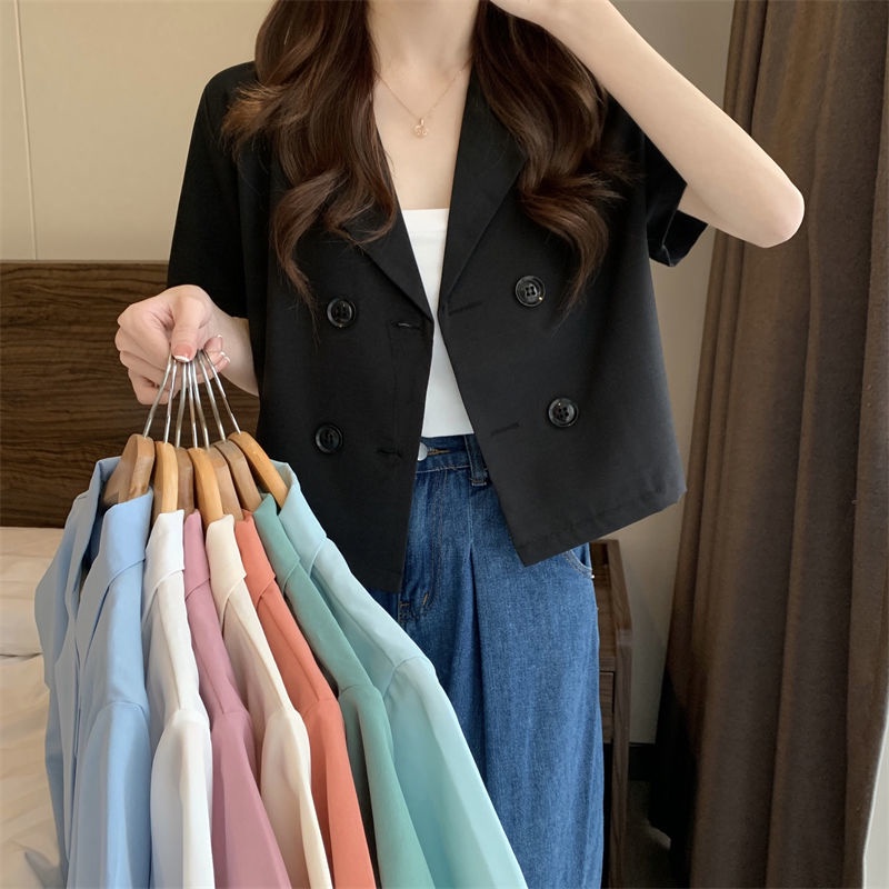 SUXI Áo Khoác Blazer Tay Ngắn Dáng Rộng Màu Sắc Đơn Giản Thanh Lịch Dành Cho Nữ