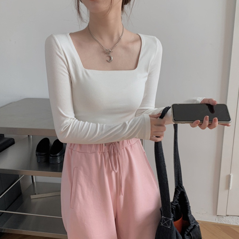 Áo Thun Dài Tay Cổ Vuông Màu Trơn Form Ôm Cho Nữ