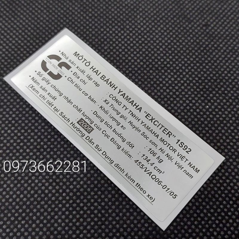 Tem dán càng gắp EXCITER 2006.1S92, Tem thông số năm Sản xuất