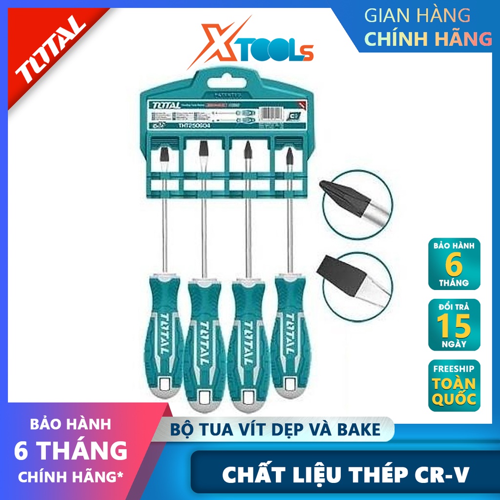 Bộ tuốc nơ vít dẹp và bake 4 chi tiết TOTAL THT250604 |  dùng để siết chặt hoặc gỡ bỏ ốc vít [CHÍNH HÃNG] [XTOOLs]