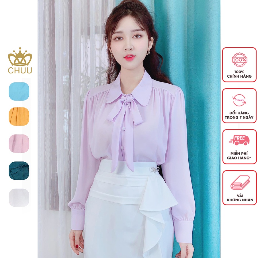Áo sơ mi tay dài cổ nơ nút bọc Basic CHUU A5063