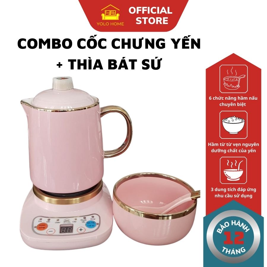 COMBO Cốc Chưng Yến, Cốc Hầm Đa Năng Kèm Thìa Bát Sứ Cùng Màu YOLO HOME