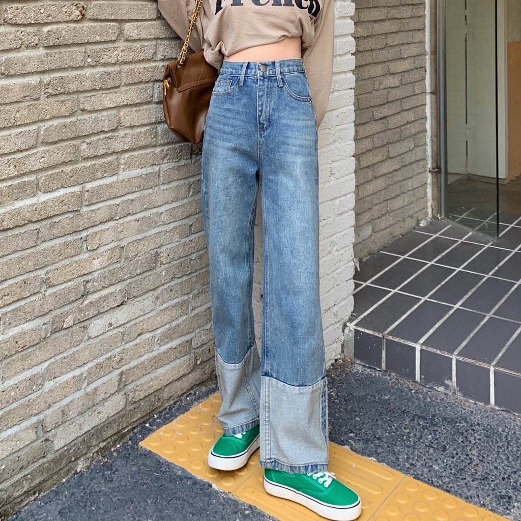 Quần jeans nữ ống rộng lưng cao phong cách Hàn Quốc