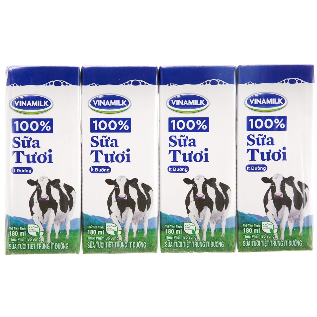 Lốc 4 hộp sữa tươi tiệt trùng Vinamilk 100% Sữa Tươi ít đường 180ml