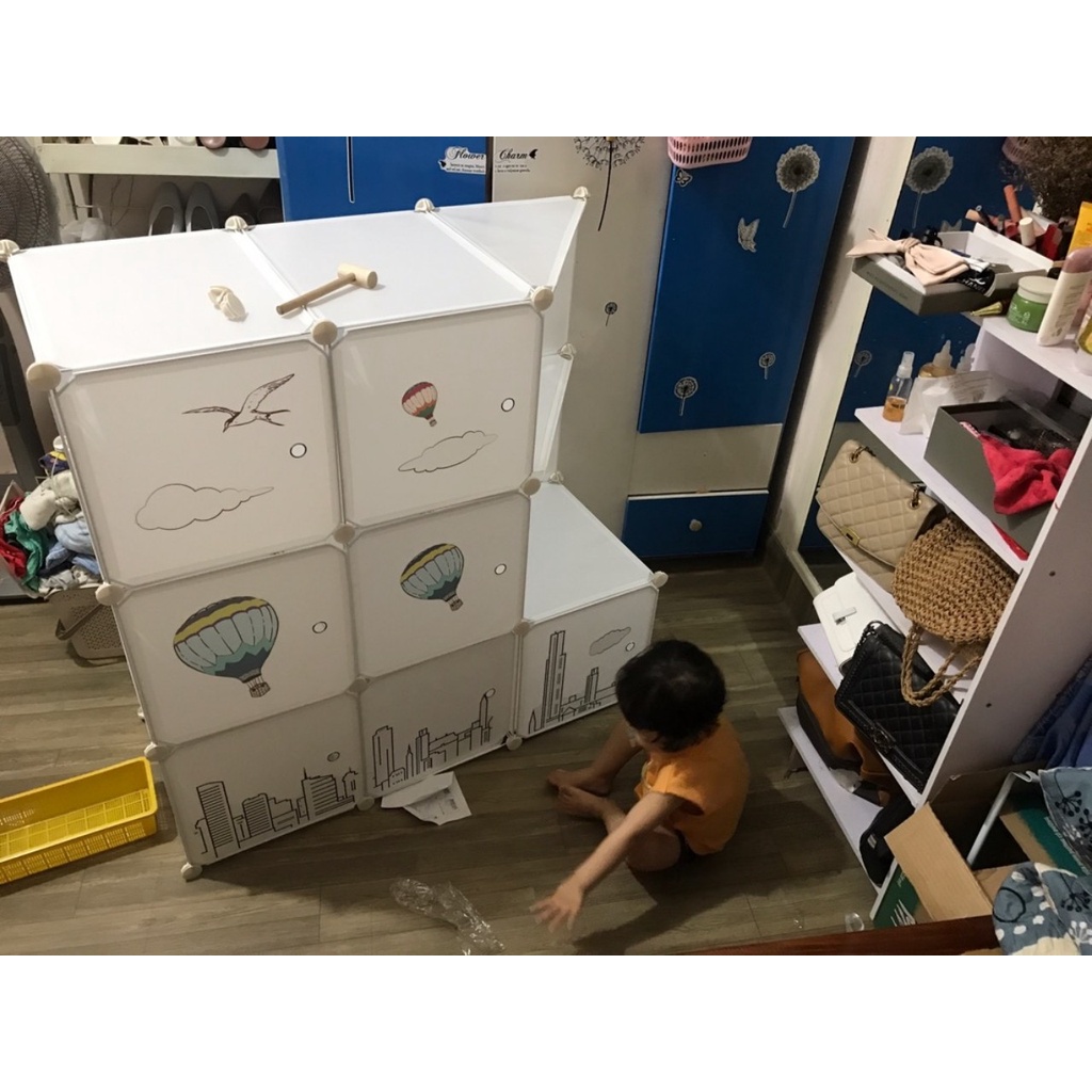 Tủ nhựa thông minh 9 ô lắp ghép thông minh thân đen cửa trắng decan quần áo, 1 xéo size to sâu 47  - Bảo hành 2 năm 1 đổ