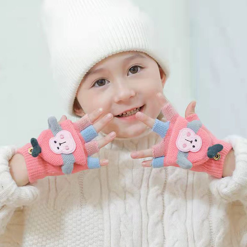 Găng tay hở ngón dệt kim mềm mại giữ ấm mùa đông họa tiết hoạt hình phong cách Hàn Quốc cho bé gái