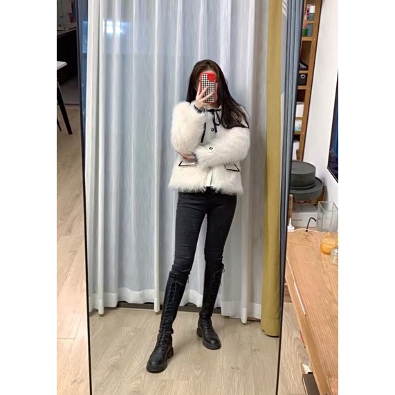 Áo khoác lông viền da nhấn viền đen