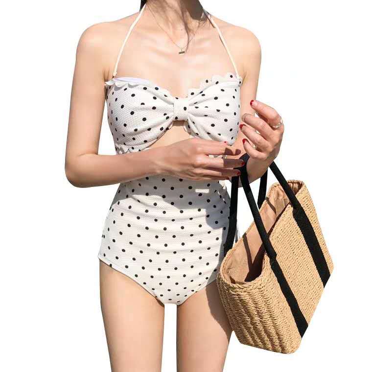 New Style White Polka Dot Triangle One-Piece Swimsuit for Women Gathering Small Chest Steel Bracket Student Conservative Hot Spring