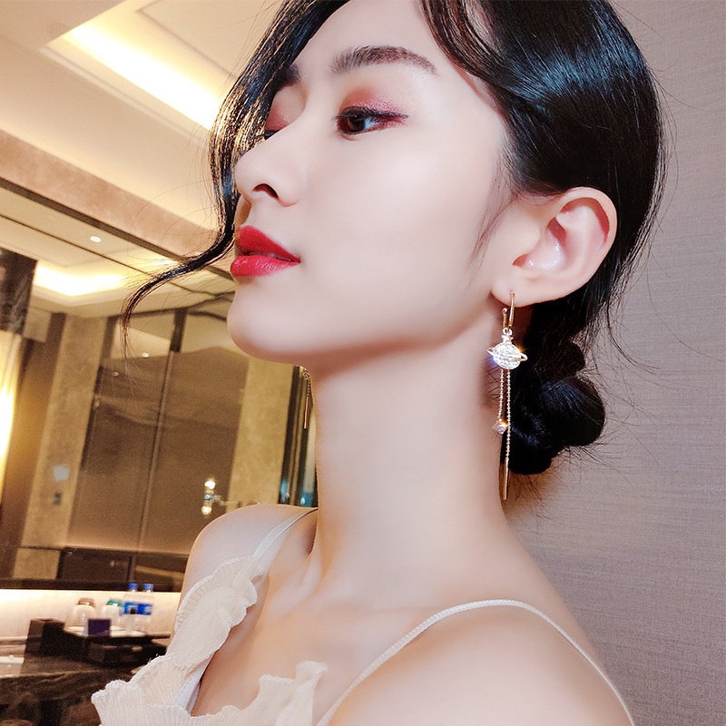 Bông Tai Tua Rua Dáng Dài Bằng Bạc 925 Hình Mặt Trăng Ngôi Sao Phong Cách Hàn Quốc Thời Trang Cho Nữ