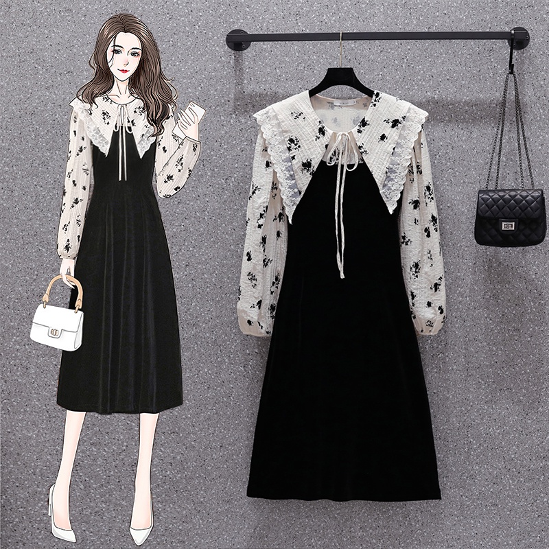 🌸Hàng Order🌸Váy Đầm Bigsize Nhung Cổ Hoa Nhí Thắt Nơ Viền Ren Dáng Dài Tiểu Thư Nữ Tính🌸Hàng Quảng Châu