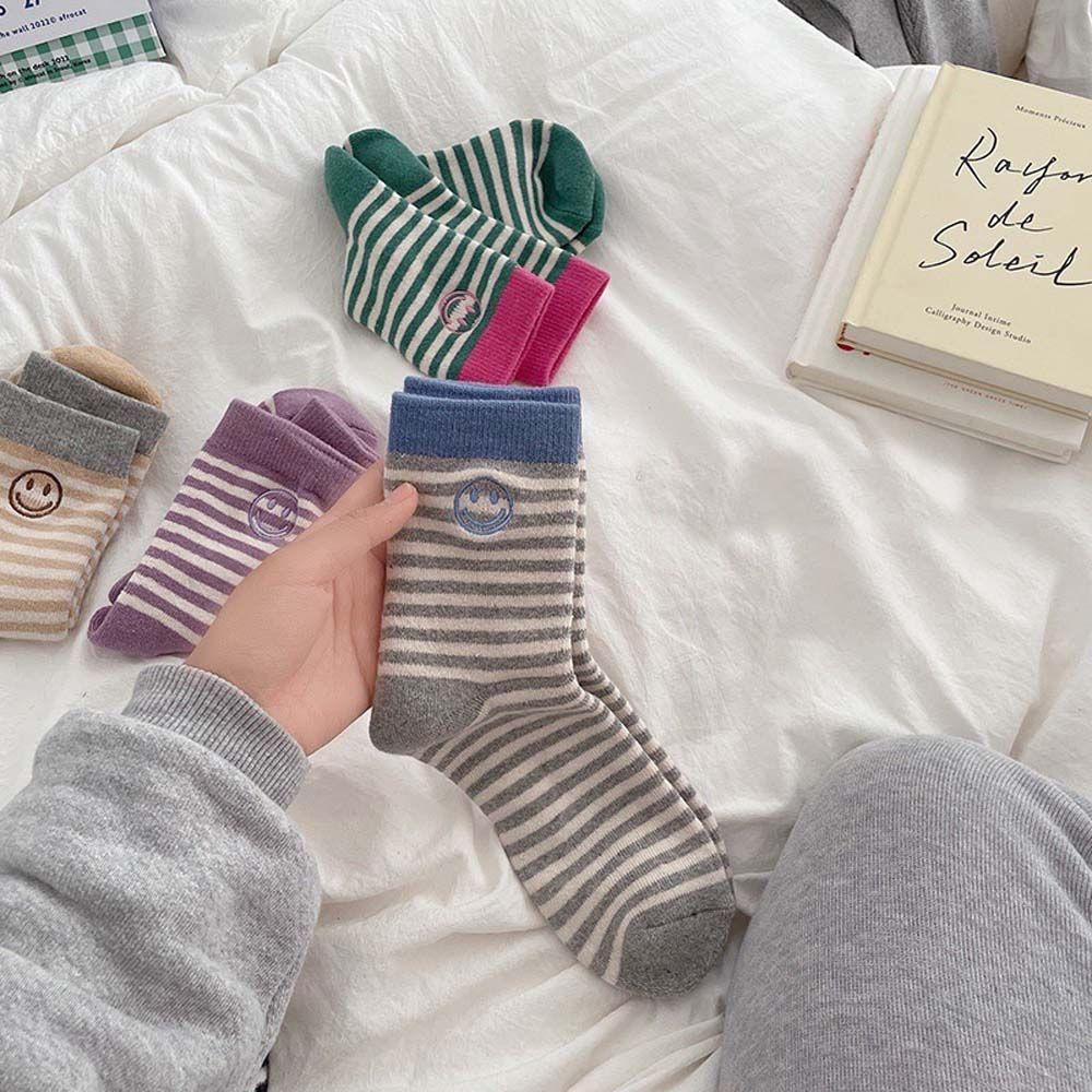 Vớ Ngủ Cotton Kẻ Sọc Thêu Hình Mặt Cười Dễ Thương Phong Cách Đại Học VANES1