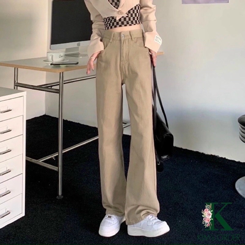 Quần Jean Nữ Ống Rộng - Quần Bò Nữ Ống Rộng Gài Eo Nữ Màu Trắng , Nâu Sữa Ulzzang Unisex mặc lên cực tôn dáng Senorita