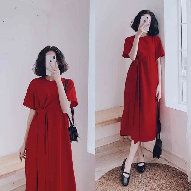 Váy suông buộc dây màu đỏ tươi size M