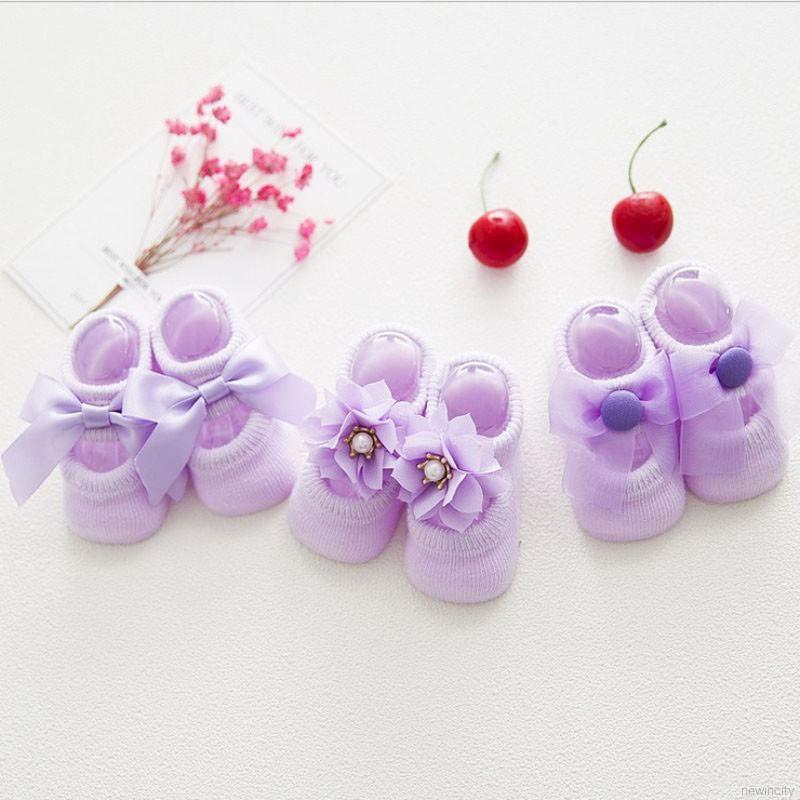 Bộ 3 đôi tất cotton đính nơ chống trượt cho bé