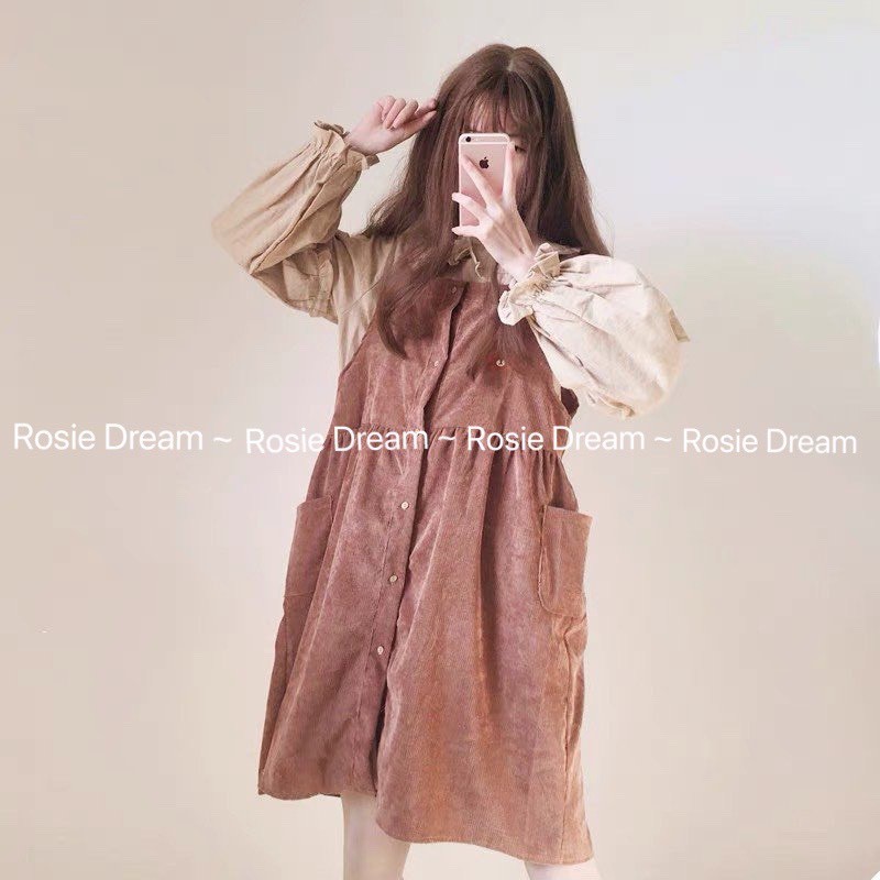 Yếm nhung nâu dáng suông, Set yếm nhung nâu TẶNG KÈM áo voan tơ - Rosie Dream