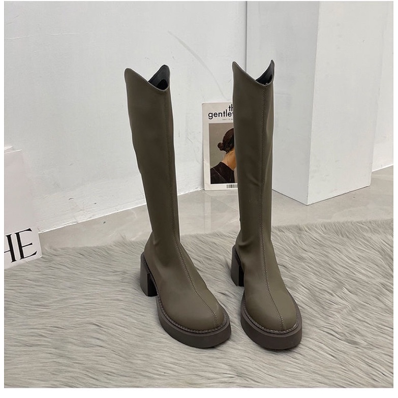 Giày bốt đùi nữ da lì m cổ vát đế cao boot đùi nữ cổ V da nhám cá tính| M12