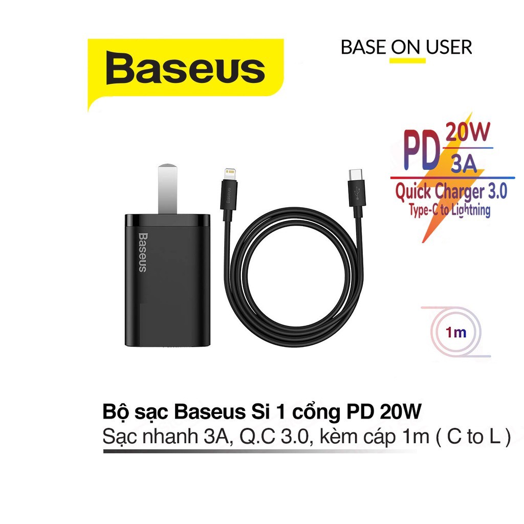 Bộ Sạc Nhanh PD20W Type-C dành cho IP10/11/12/13/14promax Baseus Super Si Pro Chân Dẹt, dài 1m