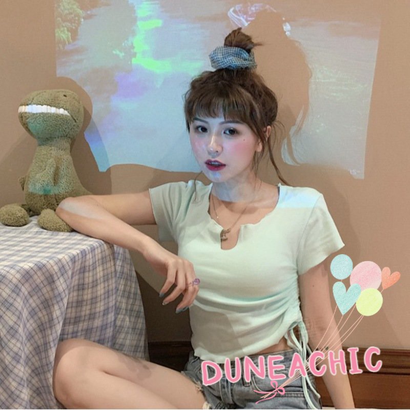 Áo Croptop Ngắn Tay Phối Dây Rút Thời Trang Dành Cho Nữ