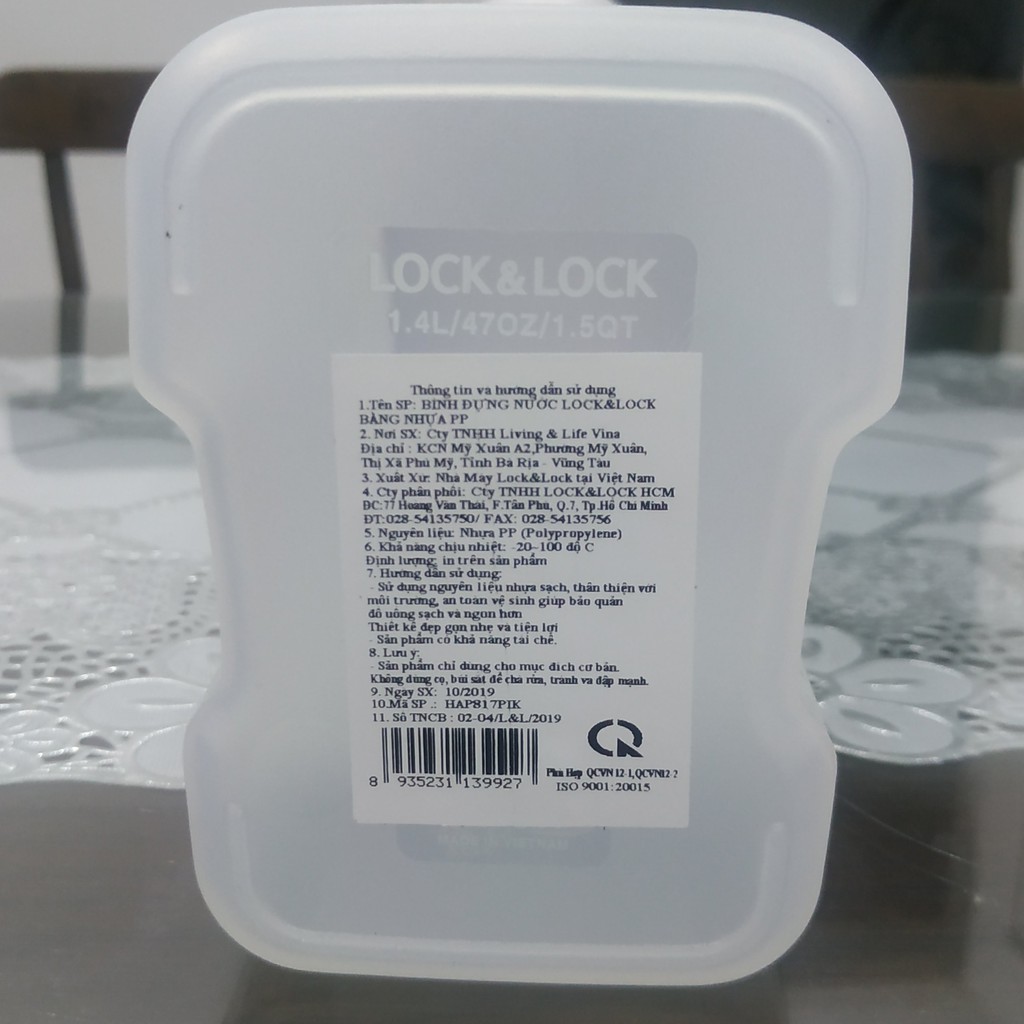 Bình đựng nước gia đình LocknLock Handle Bottle dung tích 1.4L chịu nhiệt 100 độ nắp màu be