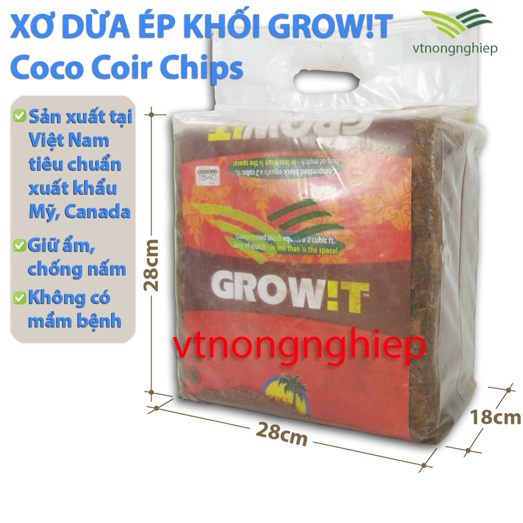 Xơ dừa nén GROW!T-Coco Coir Chips, kiện 28x28x18cm, nặng 4.5-4.7kg, xơ dừa trồng cây dùng cho Hoa Lan, cây cảnh, cây hoa