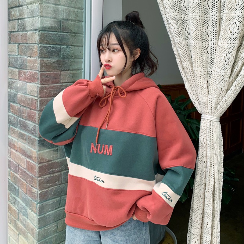 Áo hoodie nữ dày khoang màu kết hợp phong cách học sinh Hàn Quốc