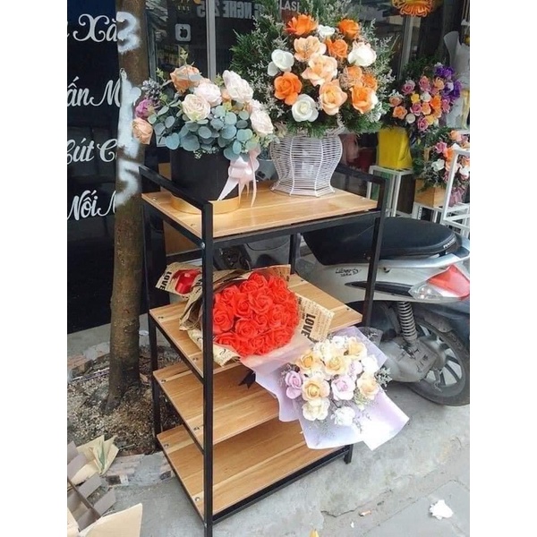 KỆ LÒ VI SÓNG 4 TẦNG KHUNG SẮT MẶT GỖ