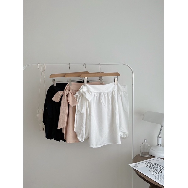 [ẢNH THẬT+VIDEO] Áo Trễ Vai Thắt Nơ Tay Dài Đen/Be/Trắng Khoe Xương Quai Xanh Quyến Gũ